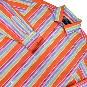 Polo Ralph Lauren Shirt Mens XL‎ 17.5 Regent Classic Fit Stripe Orange Preppy